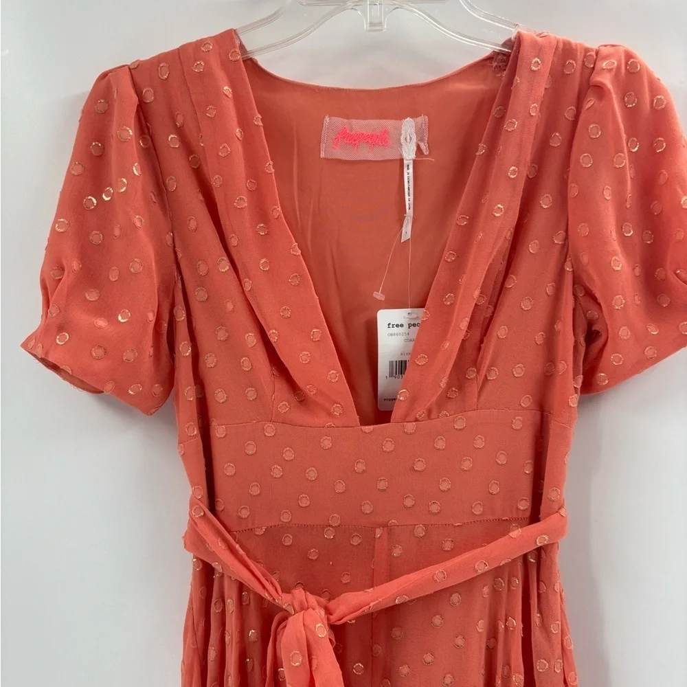 Free People wanderer Maci dress boho gown coral chiffon metallic gold textured 4